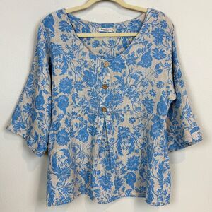 Laura Bianchi Blue Floral Linen Top Made in Italy S